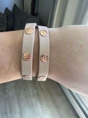 Tory Burch Blush Taupe Double Wrap Leather Bracelet with Rose Gold Logo Studs